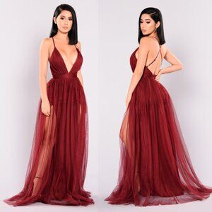 Fashion Nova Plunge V-Neck Sleeveless Tulle Maxi Wine Red Dress Slit Gown Small